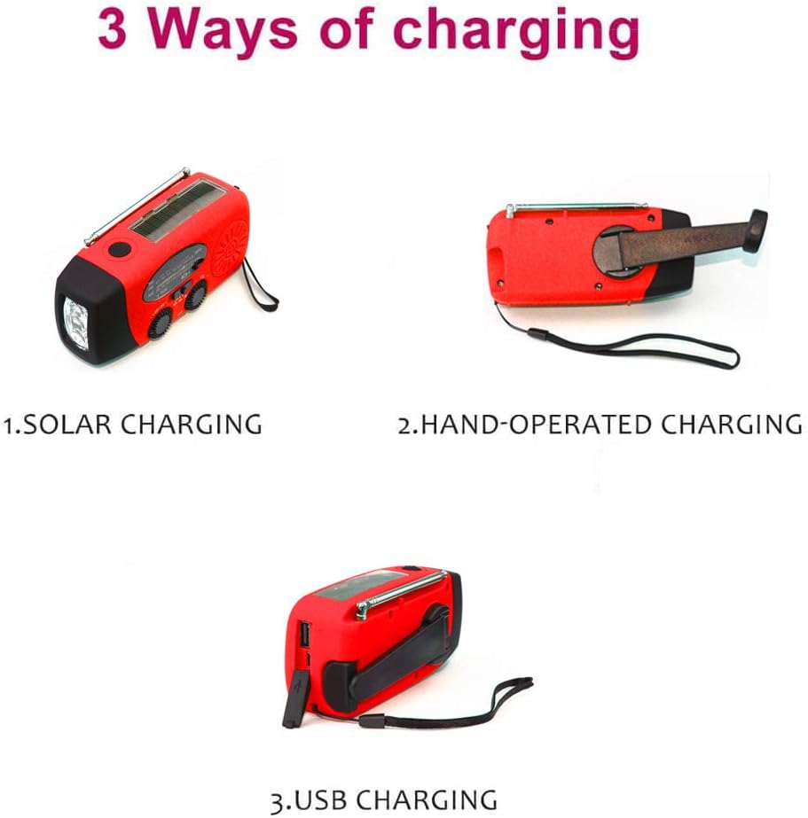 [Upgrade] Tiemahun Emergency Solar Hand Crank Dynamo NOAA WB AM/FM Radio Hurricane Camping Survive Kit with 3-LED Flashlight 1000mAh Power Bank 088FS (Red): Home Audio & Theater