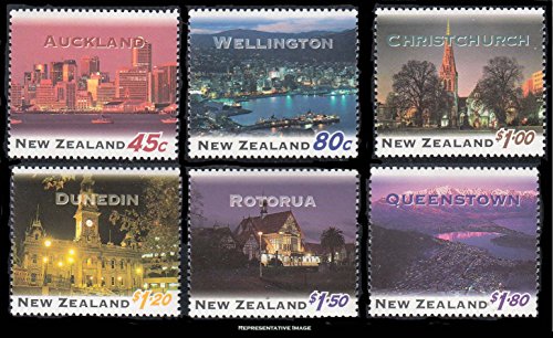 New Zealand Scott 1249-1254 45c Aucland, 80c Wellington, $1 Christchurch, $1.20 Dunedin, $1.50 Rotorua and $1.80 Queenstown New Zealand at Night. Mint never hinged.