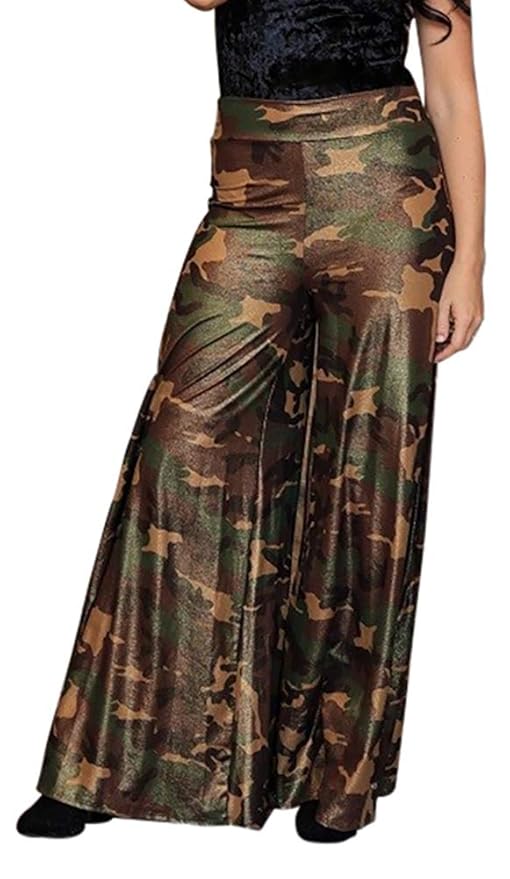 L&B Women's Shiny camo Wide Leg Palazzo Pants at Amazon Womenâs Clothing store