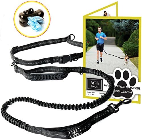 Hands Free Dog Leash for Running, Walking, Hiking &amp; Jogging | Dual Handle Bungee Leash with Reflective Stitching for Medium and Large Dogs | Adjustable Waist Belt + Poop Bag Dispenser By AOSshop