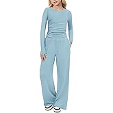 Arshiner Girls 2 Piece Set Fall Outfits Lounge Sets Ruched Long Sleeve Top Wide Leg Pants Sweatsuit Clothing Set