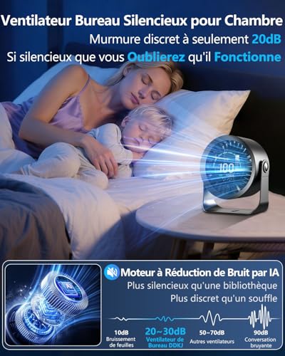 DDKJ Silent Desk Fan 20 dB,100 Adjustable Speeds,360° Rotation of Air Flow, LED Display, 4000 mAh Battery, 3.5-13 Hours Battery Life with Connected Works for Bedrooms, Dorm Rooms and Kitchens