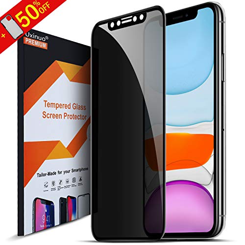 Uxinuo Privacy Screen Protector for iPhone 11 and Xr, Premium 4D Curved Edge to Edge Full Coverage Privacy Tempered Glass Screen Protector for Apple iPhone 11 2019 and Xr 2018 6.1 Inch