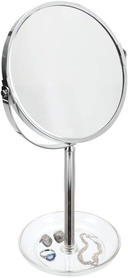 mDesign Freestanding Round Makeup and Cosmetic Vanity Mirror with Storage Dish for Bathroom Vanity, Counter, Dresser Top - Clear