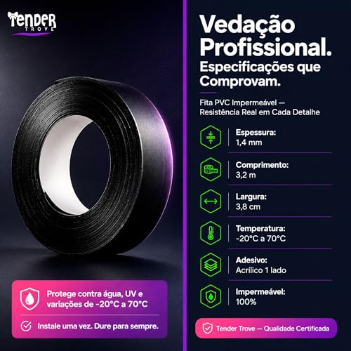 Tender Trove Fita Vedacao PVC Preta Para Banheiro Cozinha e Eletrodomesticos, Impermeavel Prova Dagua, Veda Frestas e Impede Insetos, 3,8cm x 3,2m (1)