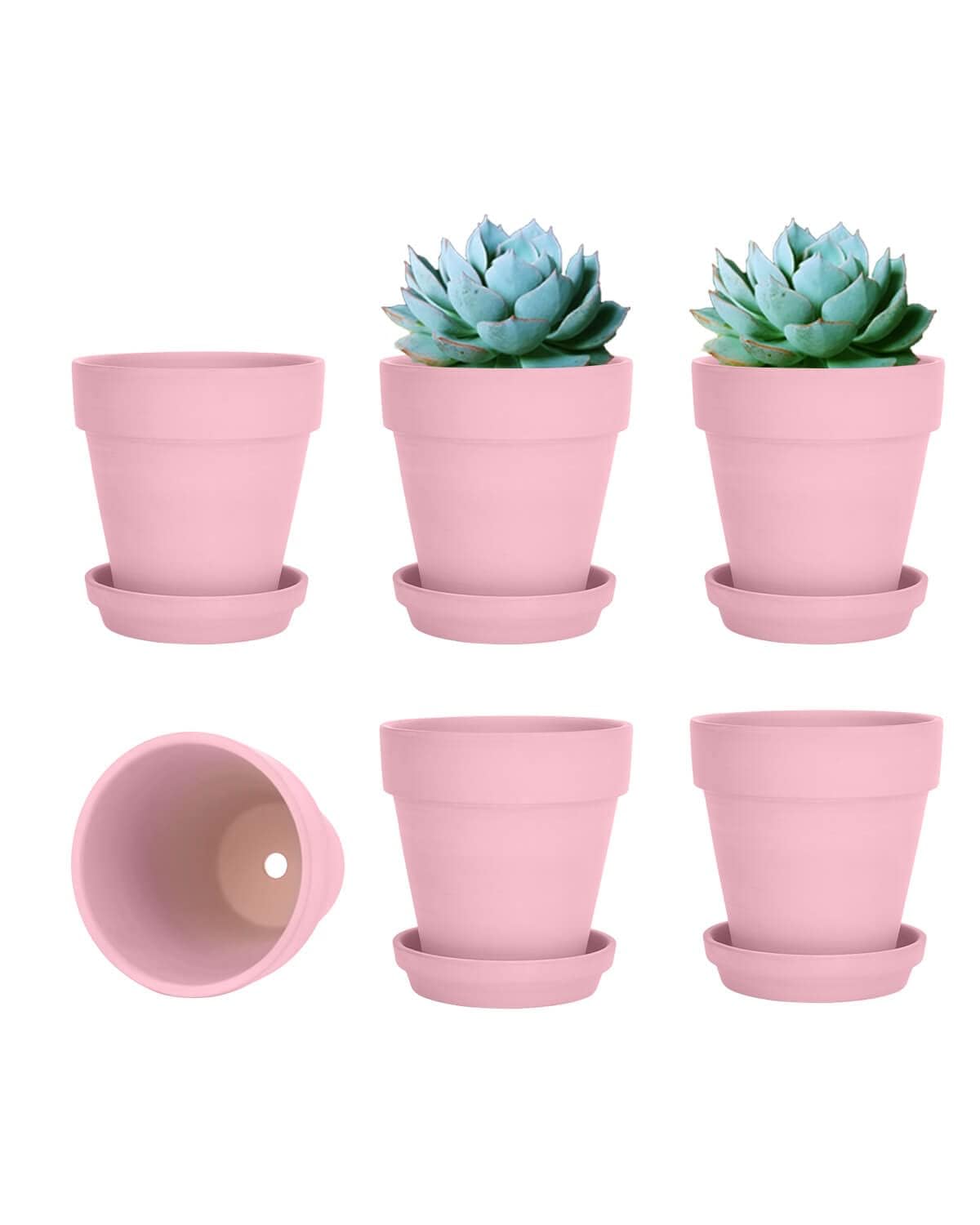 vensovo 10.16cm Pink Clay Pot for Plant with Saucer - 6 Pack Peach Pink Small Terra Cotta Plant Pot with Drainage Hole, Flower Pot with Tray, Terracotta Pot for Indoor Outdoor Plant