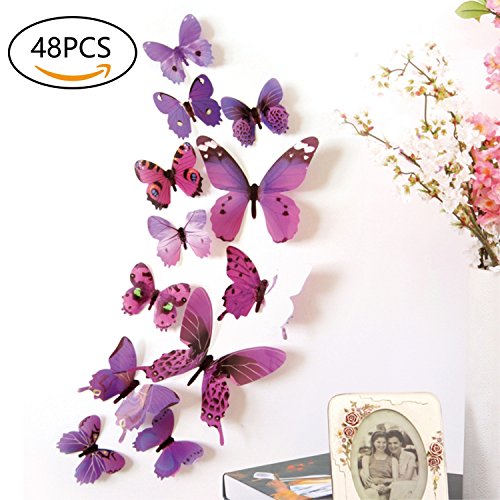 3D Butterfly Wall Stickers Decals - 48 PCS 3D Butterfly Removable Mural Stickers Wall Stickers Decal for Home and Room Decoration by FIXBODY- (Purple)