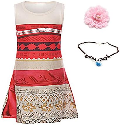 Children Little Girls Digital Print Princess Moana Dress and Tone Pandent and Head Flower Set for Kids Custome Cosplay (140=US8)