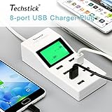 USB Charger, Techstick Portable 8 Multi-Port USB Desktop Travel Fast Charger Socket LCD Display with 5 Feet Cord for iPhone, iPad, Samsung and Other USB-Powered Devices, US Plug