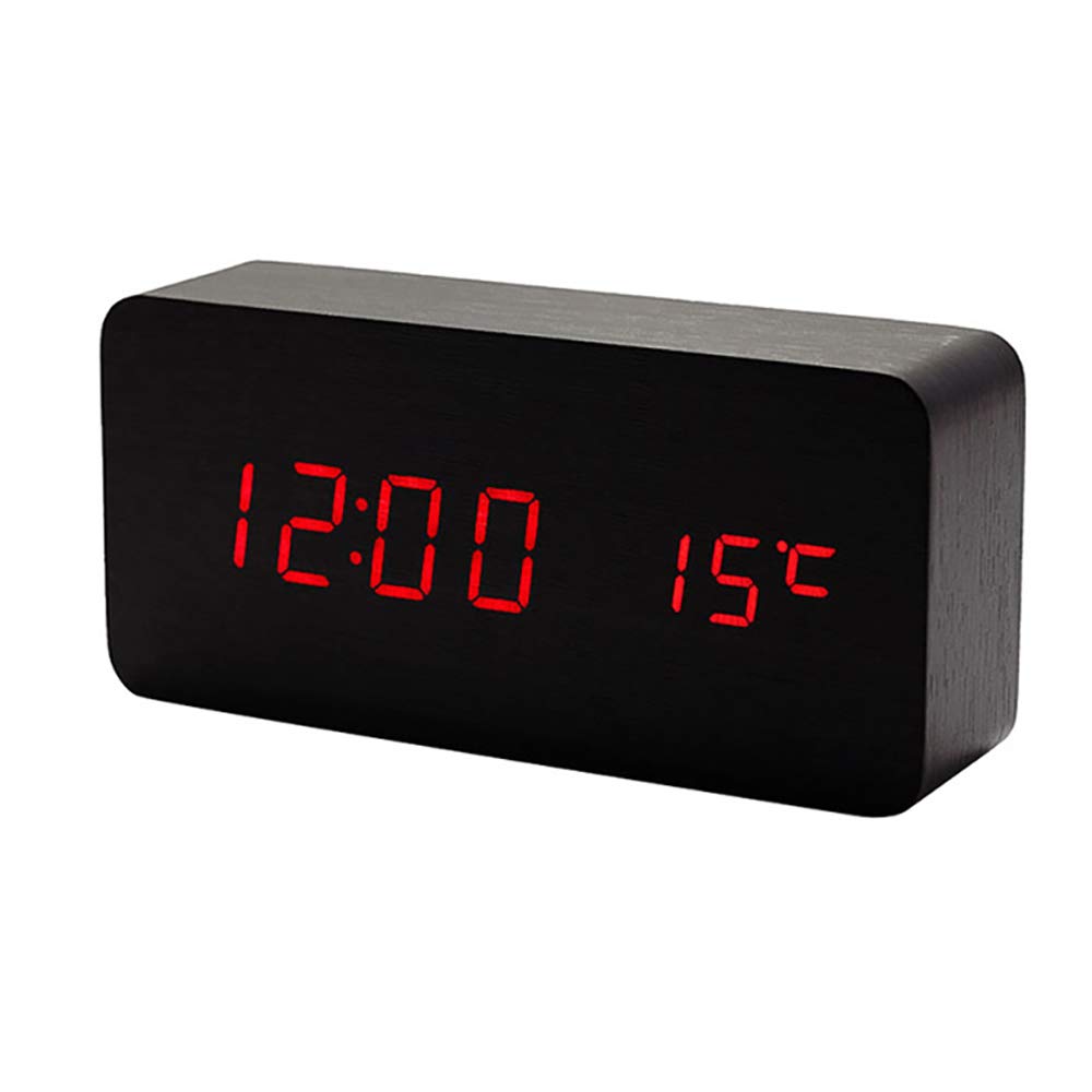 Lancoon Wooden Digital Clock Multi-function LED Alarm Clock with Time/Date/Temperature Display and Voice Control for Home Office Travel AC11Black_Red