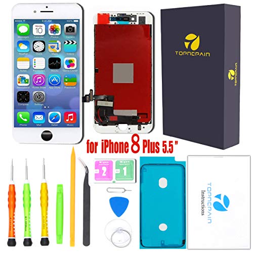 TOPrepair Replacement Screen for iPhone 8 Plus White 5.5'' LCD Glass Display 3D Touch Digitizer with Repair Tools Kit Screws and Protector Waterproof Repair Adhesive Glue(for iPhone 8 Plus White)