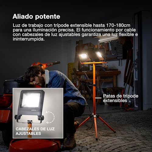 OSRAM LED Work Light Tripod, 2x50W, 9000lm, 4000K Cool White, Height Adjustable up to 1.8m, IP65