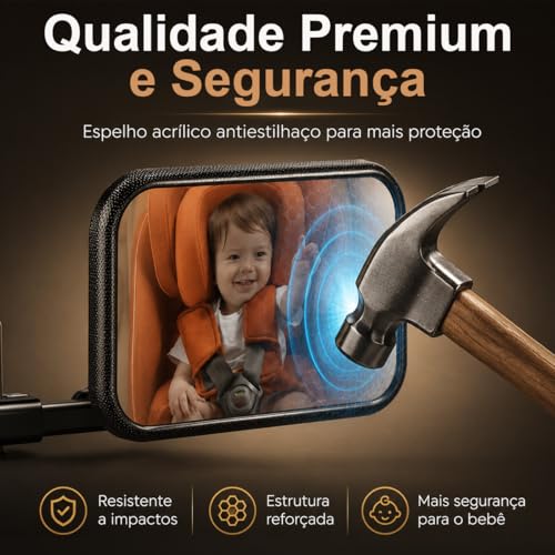 Altomex Espelho Retrovisor Traseiro para Carro, Preto, Ajustável, Monitoramento de Bebê na Cadeirinha, Visão Ampla, Retangular