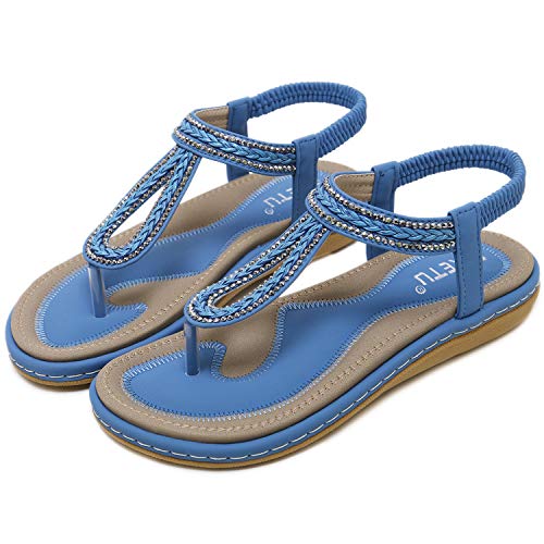 DolphinBanana Women's Bohemian Simple T-Strap Summer Flat Thong Sandals, Sapphire Blue Flip Flops Glitter Shiny Rhinestone Herringbone Woven Tape Shoes for Dressy Casual Jeans Daily Wear and Beach Vacation