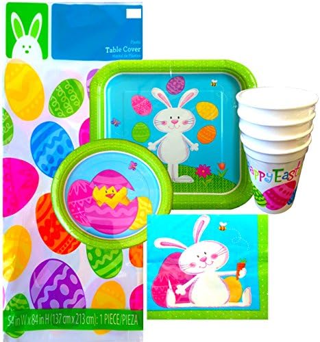 Happy Easter Party Supplies Includes Dinner Plates , Dessert Plates, Napkins, Tumbler Cups , and Plastic Table Cover All Easter Themed Party