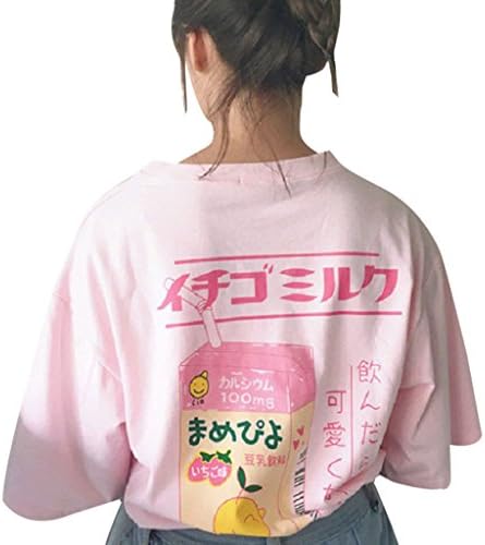 Yron Print Tshirt Women, Harajuku Round Neck Tee Shirt, Love Milk Box Print T-Shirt