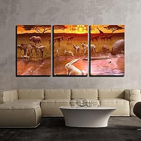 3 Piece Canvas Wall Art - Illustration - Cartoon Illustration of White Rabbit Bunny in an Adventure Journey - Modern Home Art Stretched and Framed Ready to Hang - 16"x24"x3 Panels