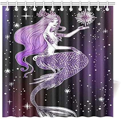 YSJXIM Home Decor Bath Curtain Starry Night Mermaid Girl Sea Diamond Polyester Fabric Waterproof Shower Curtain For Bathroom, 72 X 72 Inch Shower Curtains Hooks Included