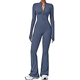 ECUPPER Women Long Sleeve Flared Jumpsuit Zip Up Romper One Piece Full Bodysuits Yoga Unitard Wide Leg Sexy Catsuit