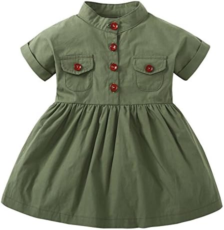 Tomfree Baby Girls Double Pocket Button Shirt Dress Short Sleeve Army Green (Green, 12-18M)