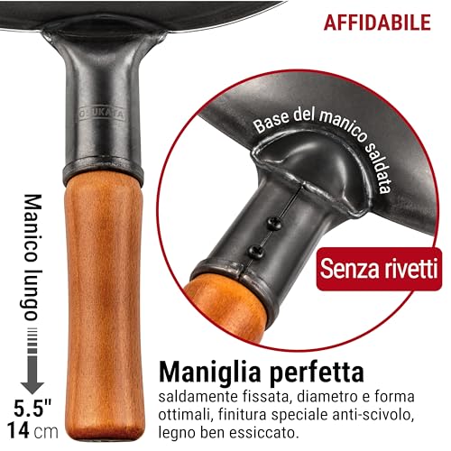 YOSUKATA Professional Wok Frying Pan 34 cm – Traditional Carbon Steel Wok, Original Chinese Preconditioned Flat Bottom – Suitable for Gas, Induction, Electric and Open Fire (Black)