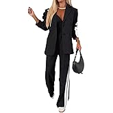 KAJXZ Womens Suit Set 2 Piece Outfits Business Side Striped Blazer Sets Casual Loose Button Up Blazer Wide Leg Pant Suits