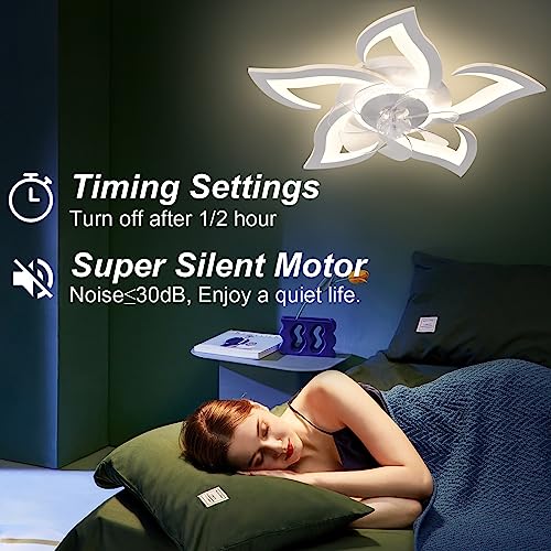 ZHMDJDSH 26" Geometric Ceiling Fan with Lights, 6 Speeds 3 Colors Ceiling Fan with Light Remote Control, White Low Profile Flush Mount Ceiling Fan for Kitchen Bedroom Living Room