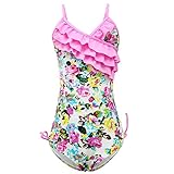 qyqkfly Little/Big Girls One Piece Adjustable Bathing Suit Modest Ruffle Swimwear 2Y-14Y Swimsuit (FBA)
