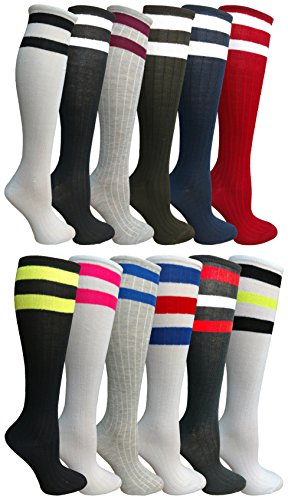 12 Pairs of excell Womens Knee High Socks, Neon Striped Sock (12 Pairs Assorted A)