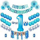 QIFU 1st Birthday Boy Decorations Kit - Baby Boy First Birthday Decorations One Year Balloon, Blue Happy Birthday Banner,High Chair Banner, Blue Hat Crown, Cake Topper One, Paper Fan Flower