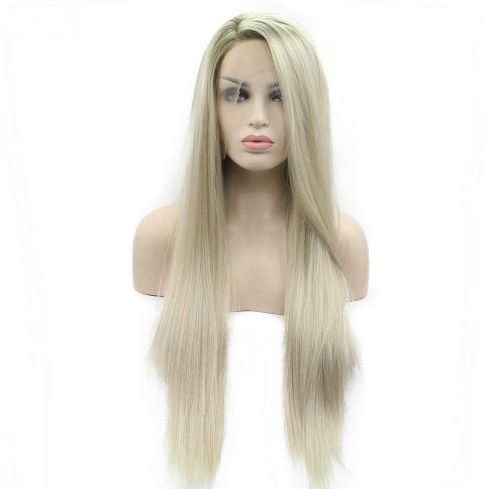 RainaHair Ombre Blonde Synthetic Lace Front Wigs 2 Tone Color Light Brown Roots Long Straight Heat Resistant Synthetic Hair Replacement Wig For Women Half Hand Tied 24 inch