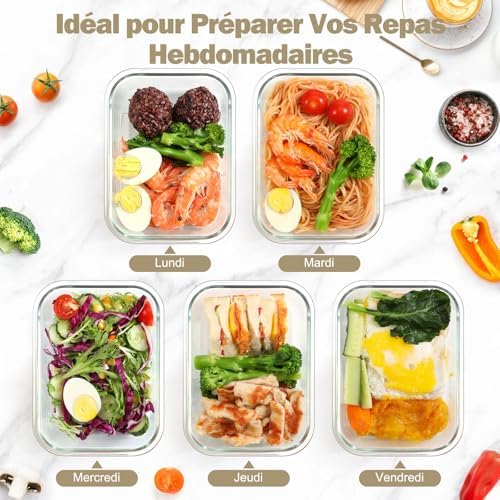 Boite Alimentaire Verre avec Couvercle Hermétique - Lot de 10 Lunch Box Verre Réutilisables, Sans BPA, Compatibles Micro-ondes, Four, Lave-vaisselle, Congélateur, Blanc