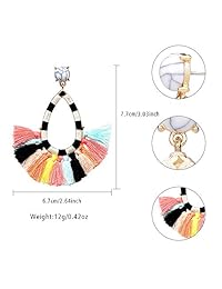 Women's Beaded Tassel Earrings Colorful Fringe Drop Dangle Bohemian Statement Earrings Water Drop Boho Earrings for Women Girls