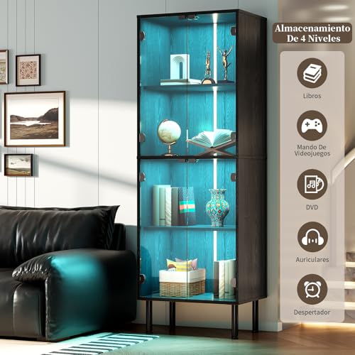 Simple Wisdom Vitrina,Vitrinas Exhibidor con Puertas de Cristal,Vitrinas Alta de Cristal con Luces LED,Vitrina para Coleccionables con 3 Estantes para Esquinero para Sala (Negro, 181X60 CM)