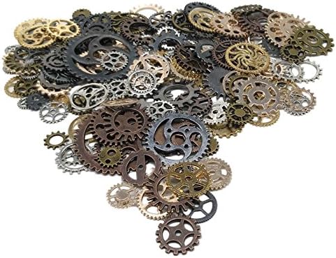 200 Gram (Approx 170pcs) DIY Mixed Color Antique Metal Steampunk Gears Charms Pendant Clock Watch Wheel Gear for Crafting,Jewelry Making Accessory