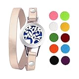 Gouraml Essential Oil Diffuser Bracelet for Women Aromatherapy Anxiety Jewelry Hypo-allergenic 316L Surgical Stainless Steel with Gold Leather Band 10 Different Color Pads Gift Set (Tree Of Life)