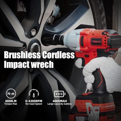 TEENO Impact Wrench, 600Nm Brushless Cordless Impact Wrench 20V, Electric Impact Nutrunner with Two 4.0Ah Batteries, Box with 4Pcs Sockets(2 batteries), Electric Impact Driver for Car Home