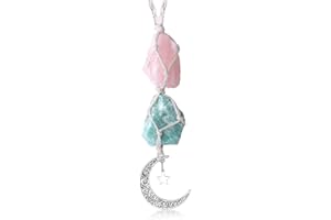 LAIDANLA Car Charm Rose Quartz �鶹��ite Raw Stones Dangling Moon Star Accessories Healing Crystals Rearview Mirror Decoratio