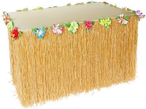 Marry Acting Hawaiian Tropical Table Skirt, 28" x 108" Tiki Table Topper Grass Skirt With Multi-colored Floral Trim Garden Beach Picnic Summer Party Decoration (Gold)