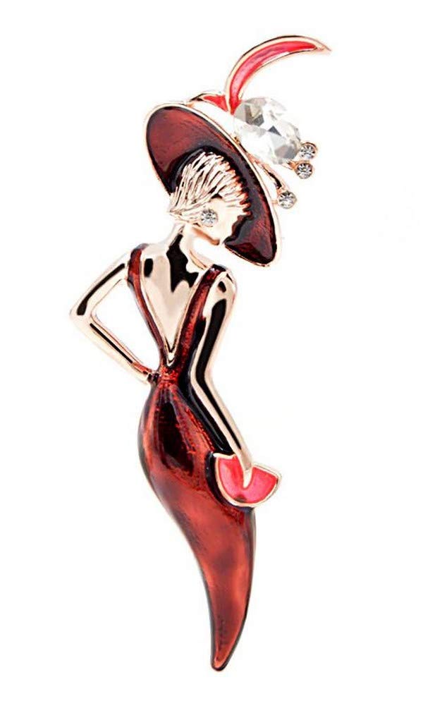 Elegant women's steel brooch in dark red evening dress and hat.
