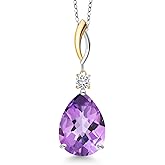 925 Silver and 10K Yellow Gold Purple Amethyst and White Moissanite Pendant Necklace for Women | 10.14 Cttw | Gemstone February Birthstone | Pear Shape Checkerboard 18X13MM | With 18 Inch Chain