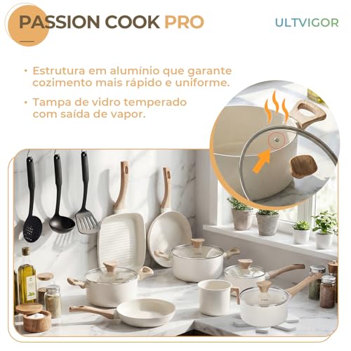 ULTVIGOR Jogo de Panelas Cerâmica Antiaderente 19 Peças Fundo Triplo Panelas Indução Alumínio Reforçado Tampa Vidro Temperado Fácil Limpeza