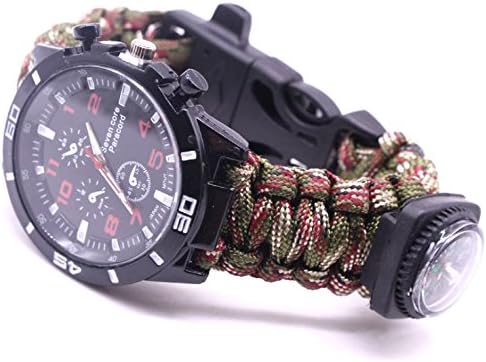 BIBU 6 in 1 Outdoor Multifunctional Emergency Survival Bracelet Watch, Survival Kit Bracelet Including Rope, Whistle, Watch, Compass, Stainless Steel Blade, Fire Starter(Camouflage)