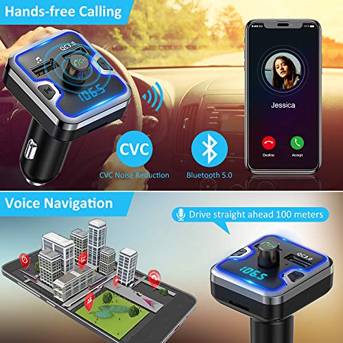 Bluetooth FM Transmitter for Car, Comsoon 7 Colors LED Backlit Bluetooth Car Adapter, Bluetooth Receiver Car Kit with Hands-Free Calling, QC3.0 Car Charger, Support USB Disk, microSD Card (Black)