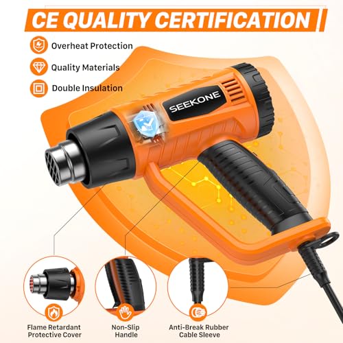Heat Gun, SEEKONE 2000W Professional Heavy Duty Hot Air Gun Kit 400℃ & 600℃ Dual-Temperature Settings with Flame Retardant Protective Cover, 4 Nozzles for Crafts, Shrinking PVC, Stripping Paint