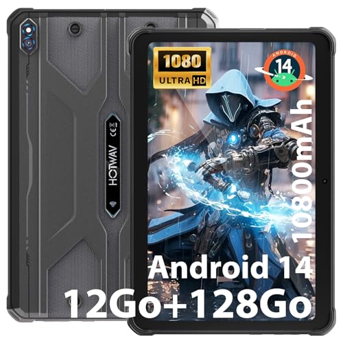 Hotwav R8 Unbreakable Tablet, 12GB + 128GB/TF 1TB Touch Tablet, 10800mAh Battery, 10.1 Inch HD+ Screen, Android 14 Tablet, 13MP+5MP/Octa-Core/Dual SIM 4G/WLAN 5G/IP68&IP69K/Face ID/GPS/OTG Black