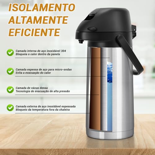 Garrafa Térmica Inox com Ampola Aço, Garrafa Térmica Inox Café, Garrafa Termica Grande, 1900Ml, AçO InoxidáVel 304, Base Rotativa de 360 ° Para SaíDa de áGua Mais FlexíVel
