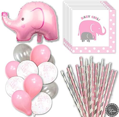 RainMeadow Baby Shower Decorations for Girl, Elephant Style | Balloons | Napkins | Straws | Pink, Silver Grey