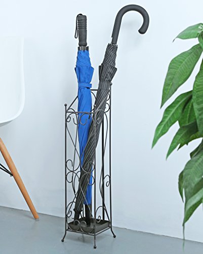 MyGift Freestanding Metal Entryway Tall Umbrella Stand, Drying Rack with Scrollwork Design, Brown