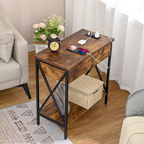 WEENFON Side Table with Charging Station, 2 Tiers Flip Top Narrow Side